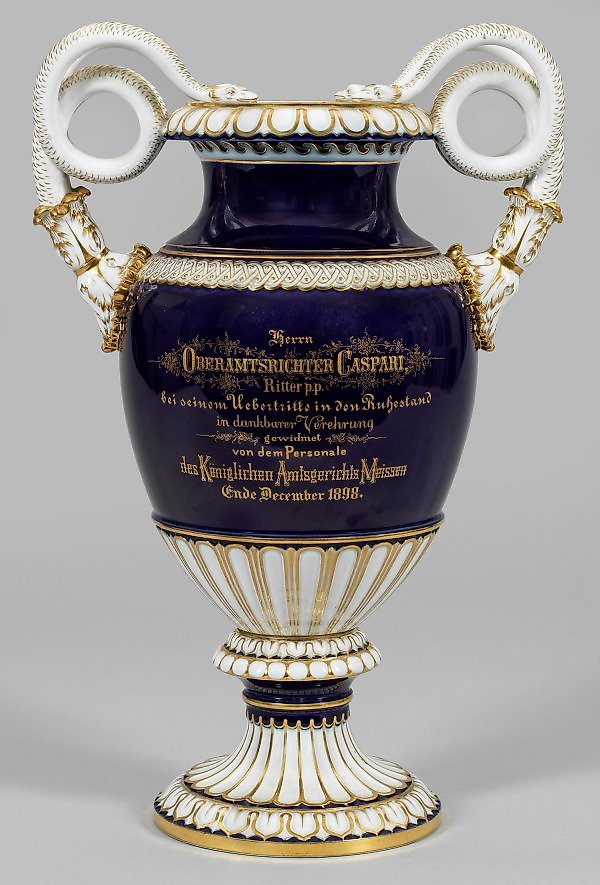 Great Meissen snake handle vase with a view of Meissen.