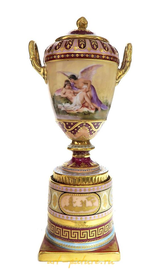 Royal Vienna Porcelain , 19TH C. PAIR OF HAND PAINTED ROYAL VIENNA URNS/VASES