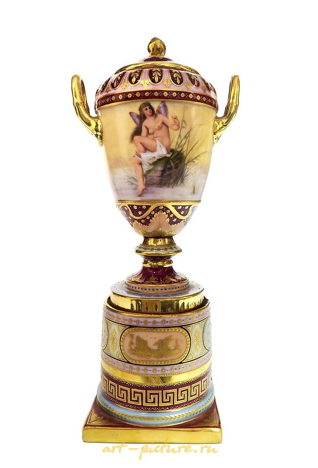 Royal Vienna Porcelain , 19TH C. PAIR OF HAND PAINTED ROYAL VIENNA URNS/VASES