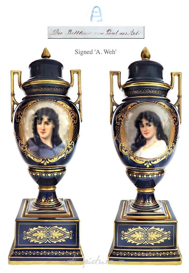 Royal Vienna Porcelain , 19TH C. PAIR OF ROYAL VIENNA VASES, A. WEH SIGNED