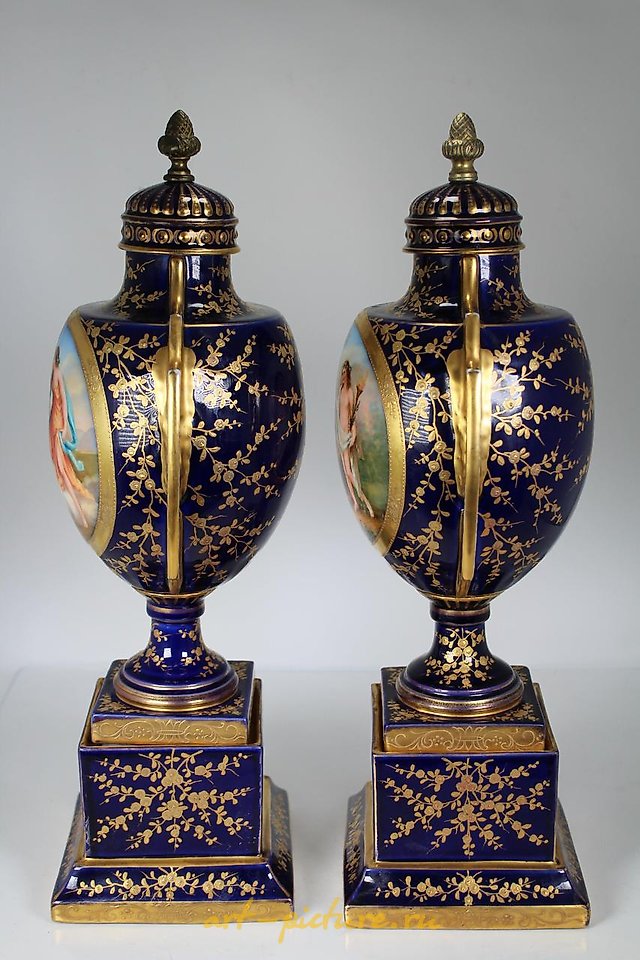 Royal Vienna Porcelain , (2) Exceptional Royal Vienna Hand Painted Urns