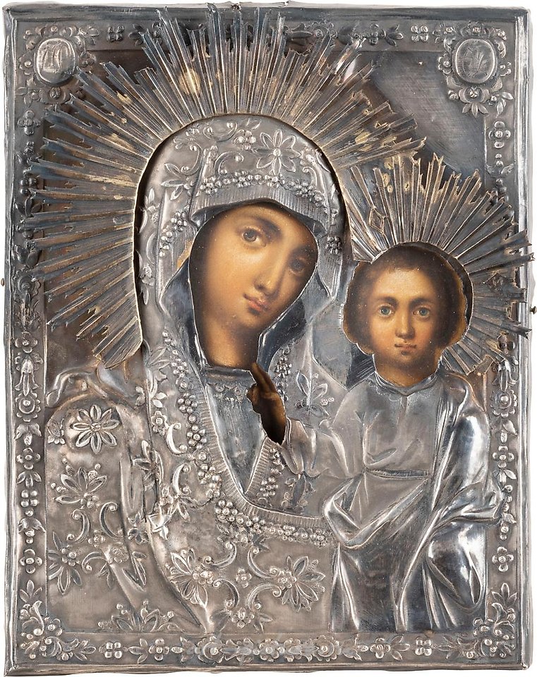 Russian silver , A SMALL ICON SHOWING THE KAZANSKAYA MOTHER OF GOD WITH A