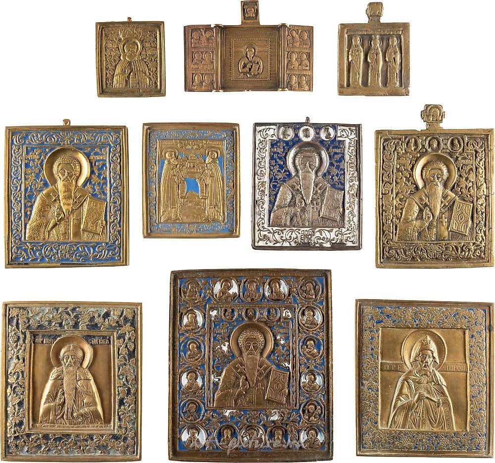 俄罗斯银 , 九个铜制图标和三联画，上面有选定的俄罗斯圣徒的图像。