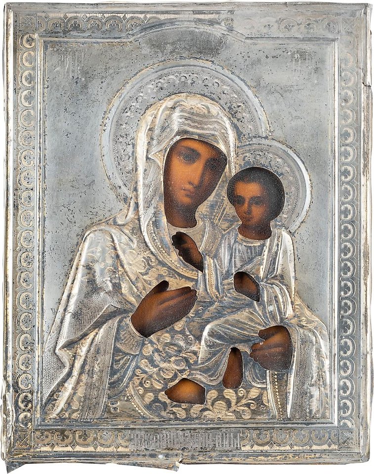 Русское серебро , НЕБОЛЬШАЯ ИКОНА С ИЗОБРАЖЕНИЕМ ТИХВИНСКОЙ БОЖЬЕЙ МАТЕРИ В СЕРЕБРЯНОМ ОКЛАДЕ