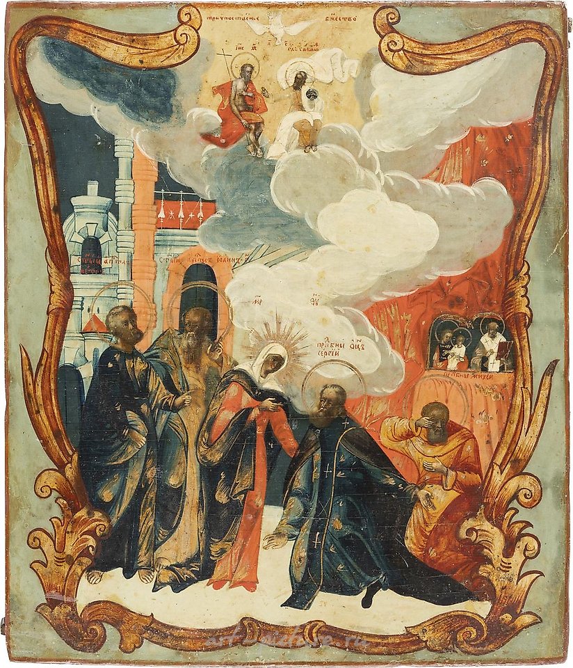 俄罗斯银 , 描绘圣母显现给圣塞尔吉·拉多涅日斯基的图标。