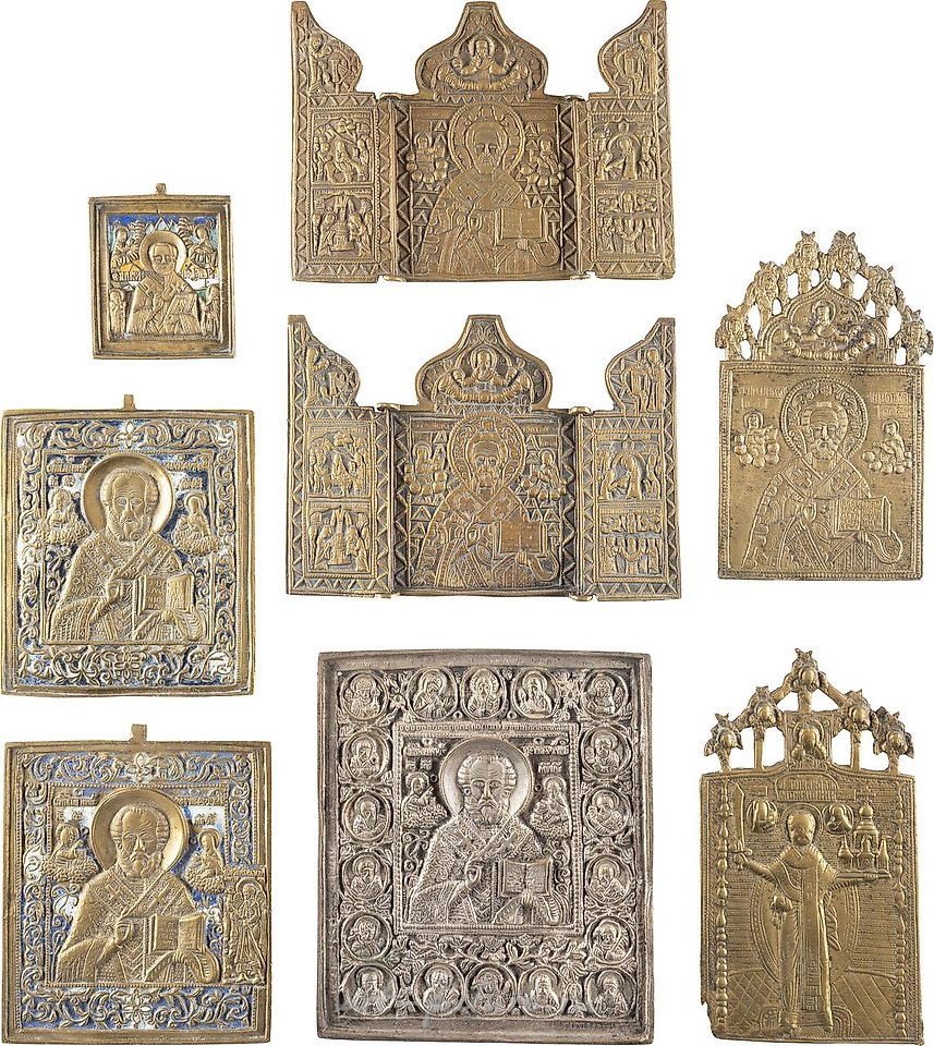 Русское серебро , ШЕСТЬ МЕДНЫХ ИКОН И ДВА ТРИПТИХА