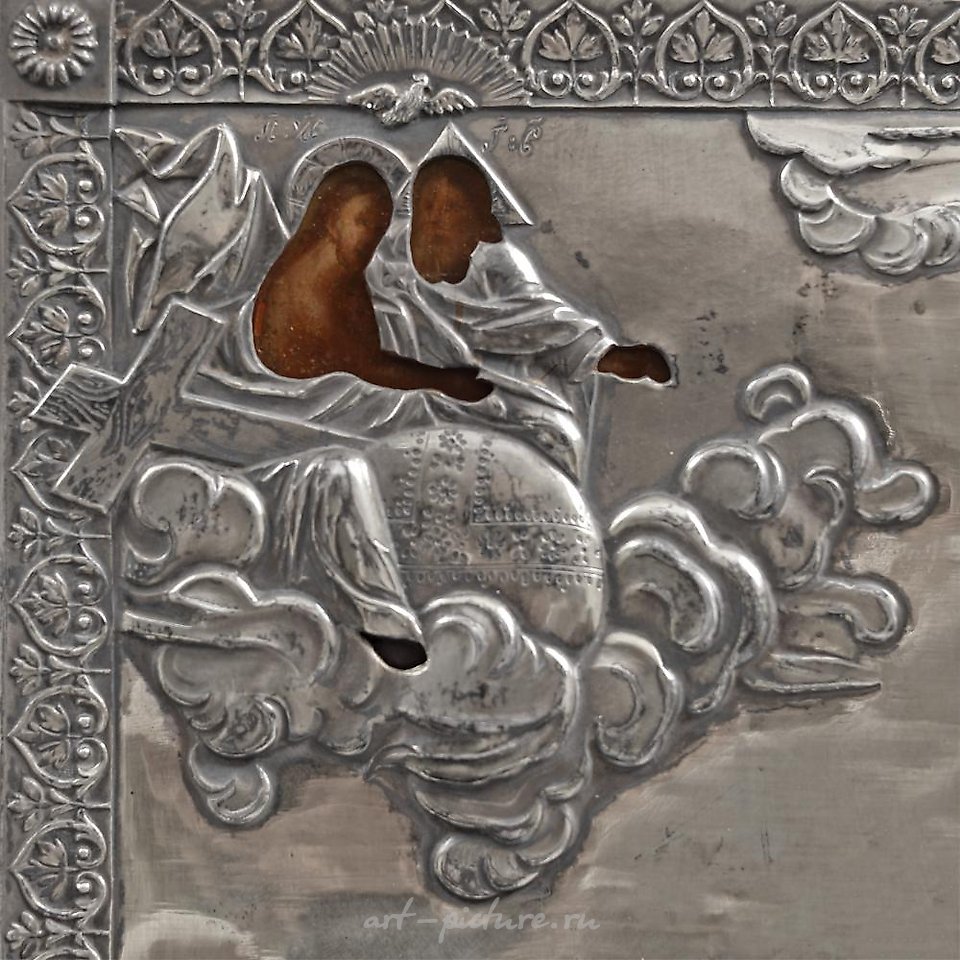 Russian silver , Ivan Gubkin, Религиозная икона на дереве с позолоченным серебром и е...