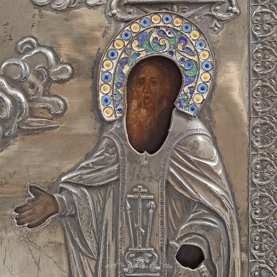 Russian silver , Ivan Gubkin, Религиозная икона на дереве с позолоченным серебром и е...