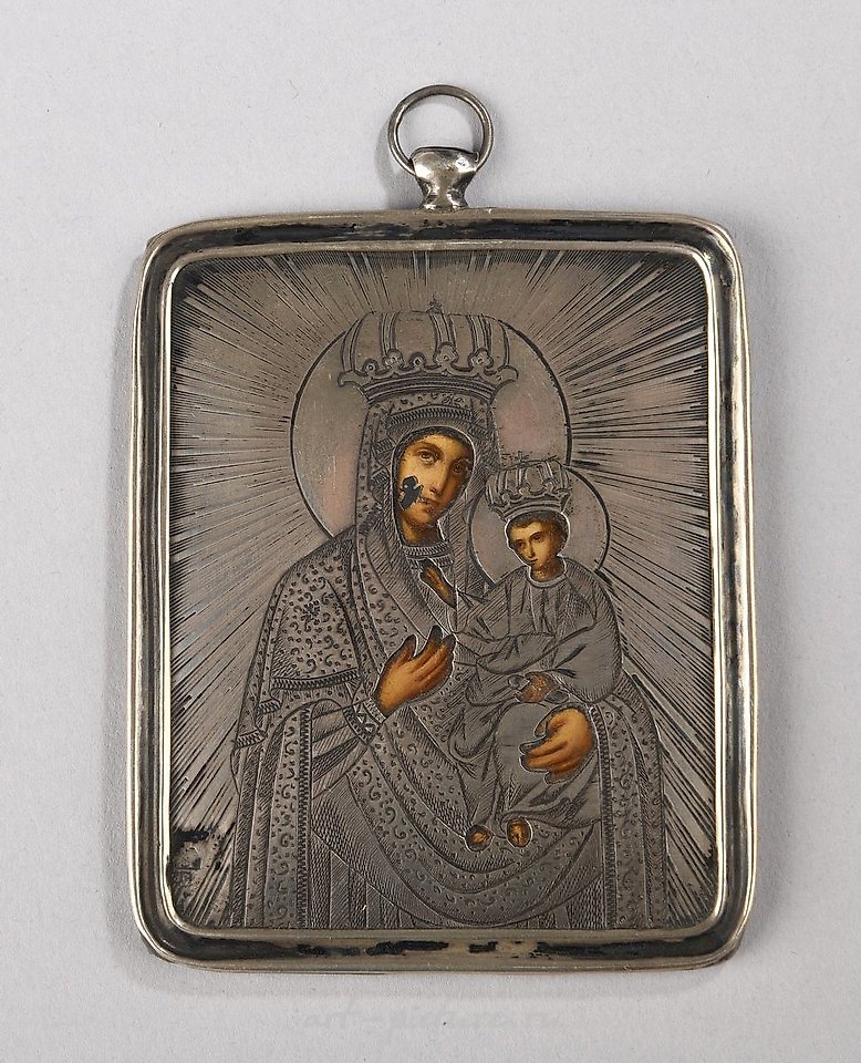 Russian silver , Icon of the Virgin and Child in majesty. Enameled...