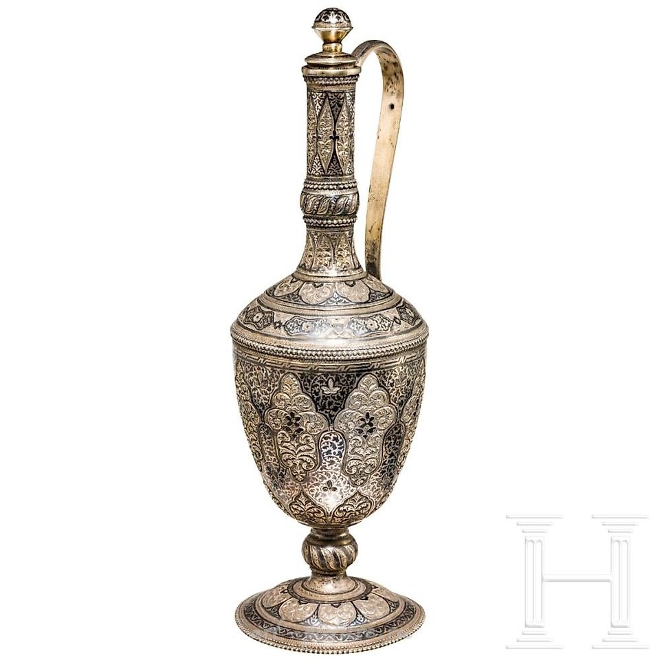 Russian silver , A silver-gilt and niello decanter, circa 1900