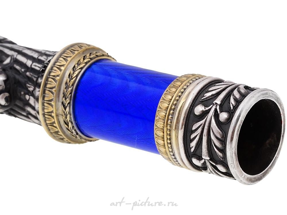 Русское серебро , Русская Императорская ручка для трости из позолоченного серебра и эмали.