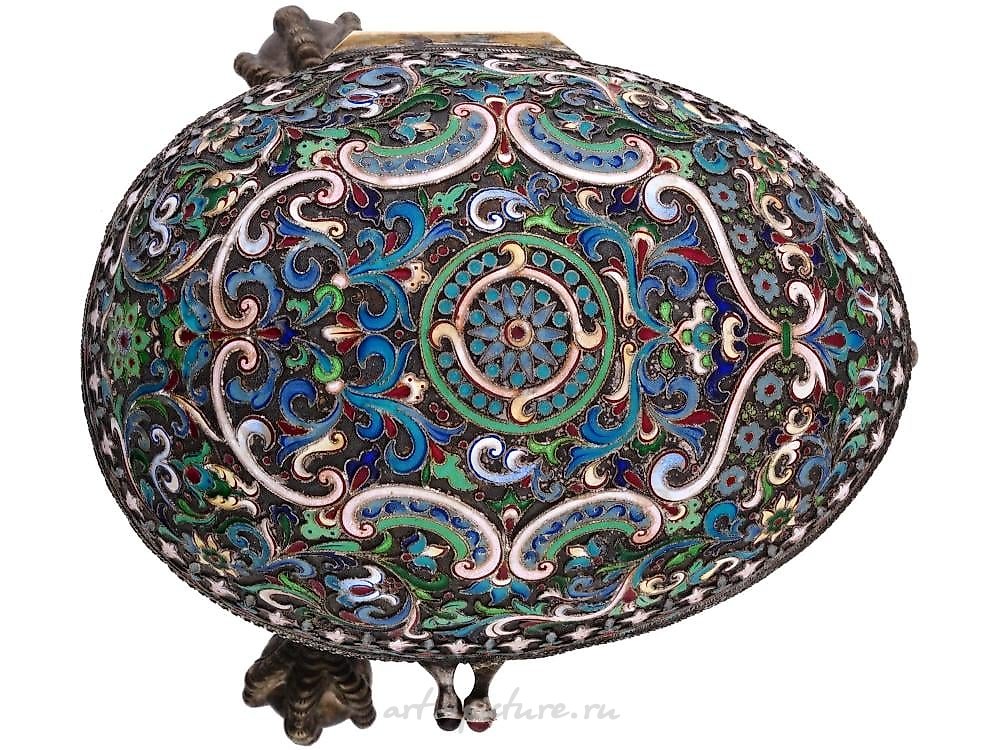 Russian silver , RUSSIAN GILT SILVER CLOISONNE ENAMEL EGG CASKET