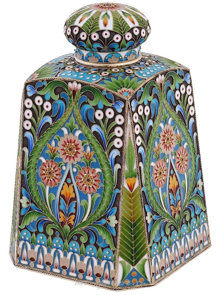 Russian silver , RUSSIAN 88 GILT SILVER CLOISONNE ENAMEL TEA CADDY