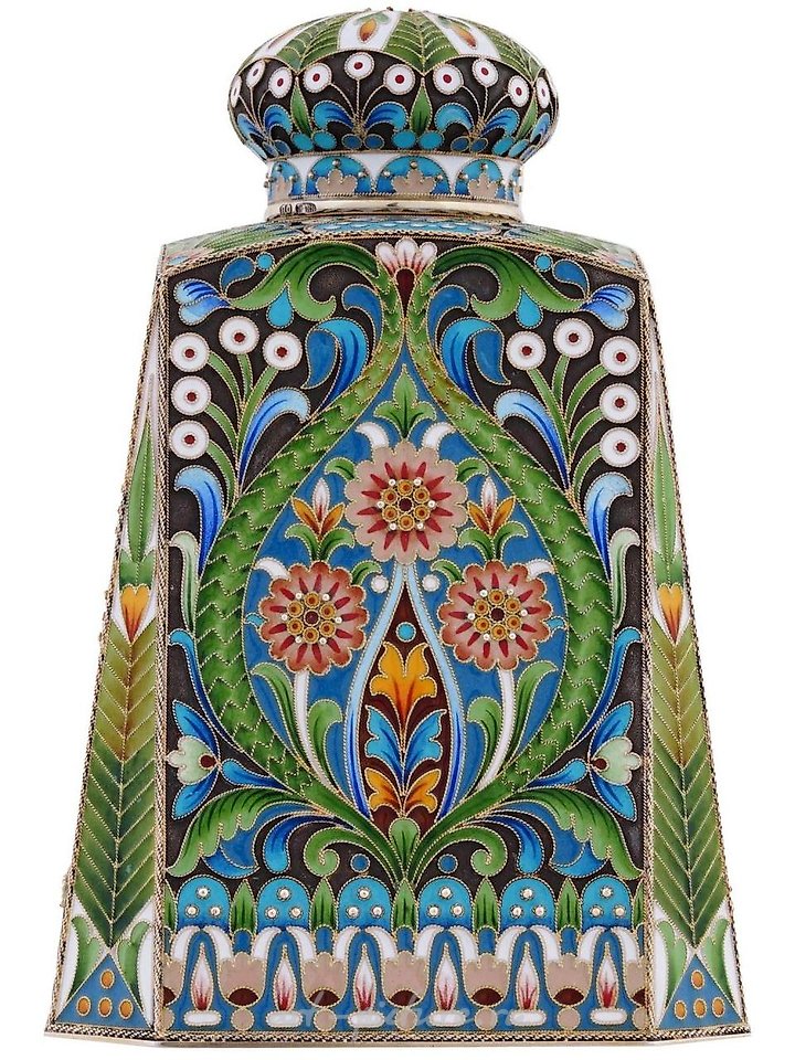 Russian silver , RUSSIAN 88 GILT SILVER CLOISONNE ENAMEL TEA CADDY