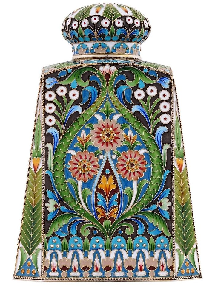 Russian silver , RUSSIAN 88 GILT SILVER CLOISONNE ENAMEL TEA CADDY