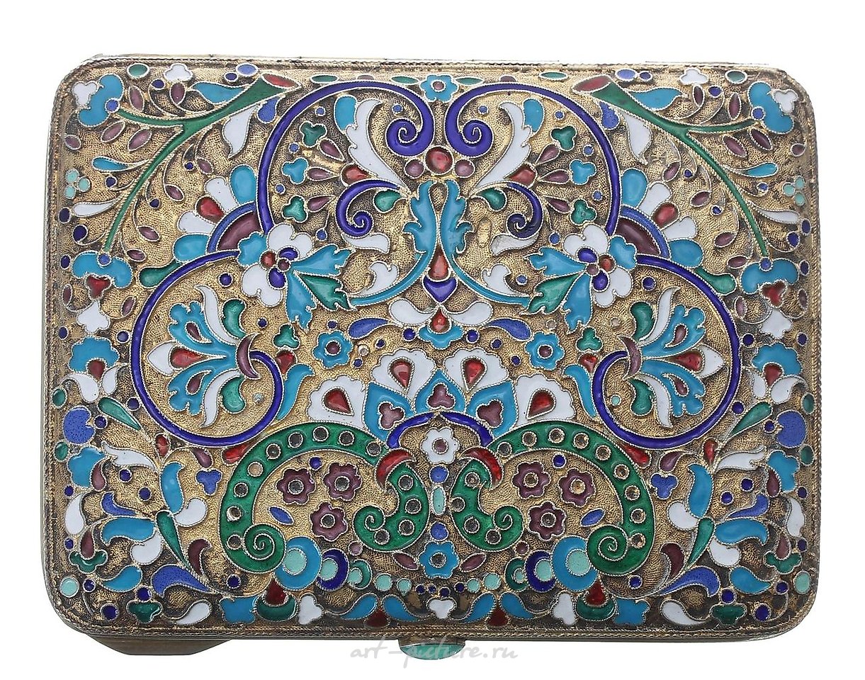 Russian silver , Russian silver and cloisonne cigarette case, with dense scrolling floral patterns on a dark blue background.
