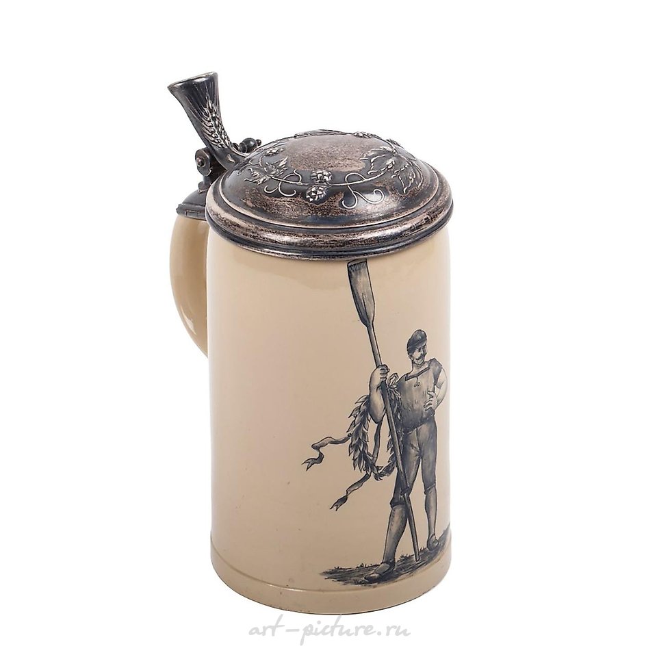 Russian silver , An interesting faience and cast silver beer mug with a rower...