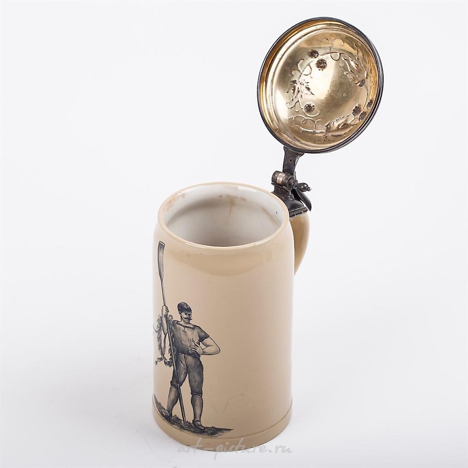 Russian silver , An interesting faience and cast silver beer mug with a rower...