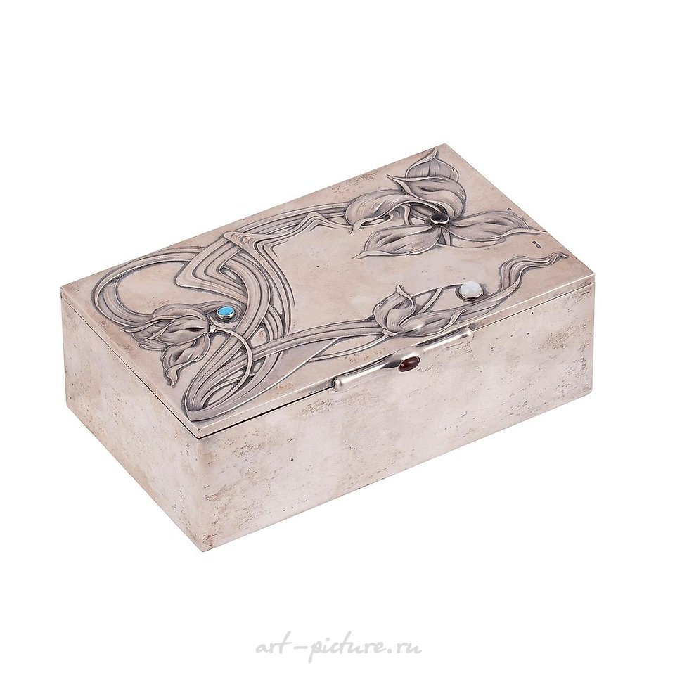 Russian silver , A Russian Art Nouveau style silver cigar box with cabochons,...
