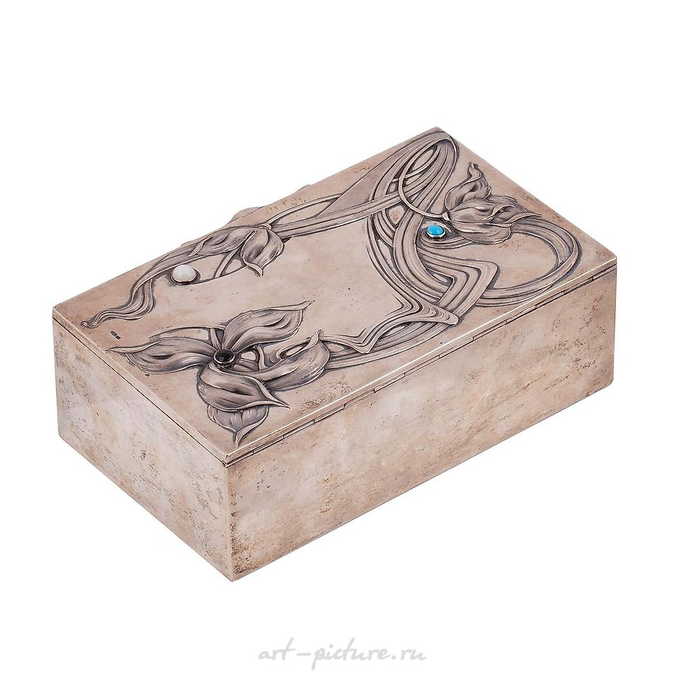 Russian silver , A Russian Art Nouveau style silver cigar box with cabochons,...