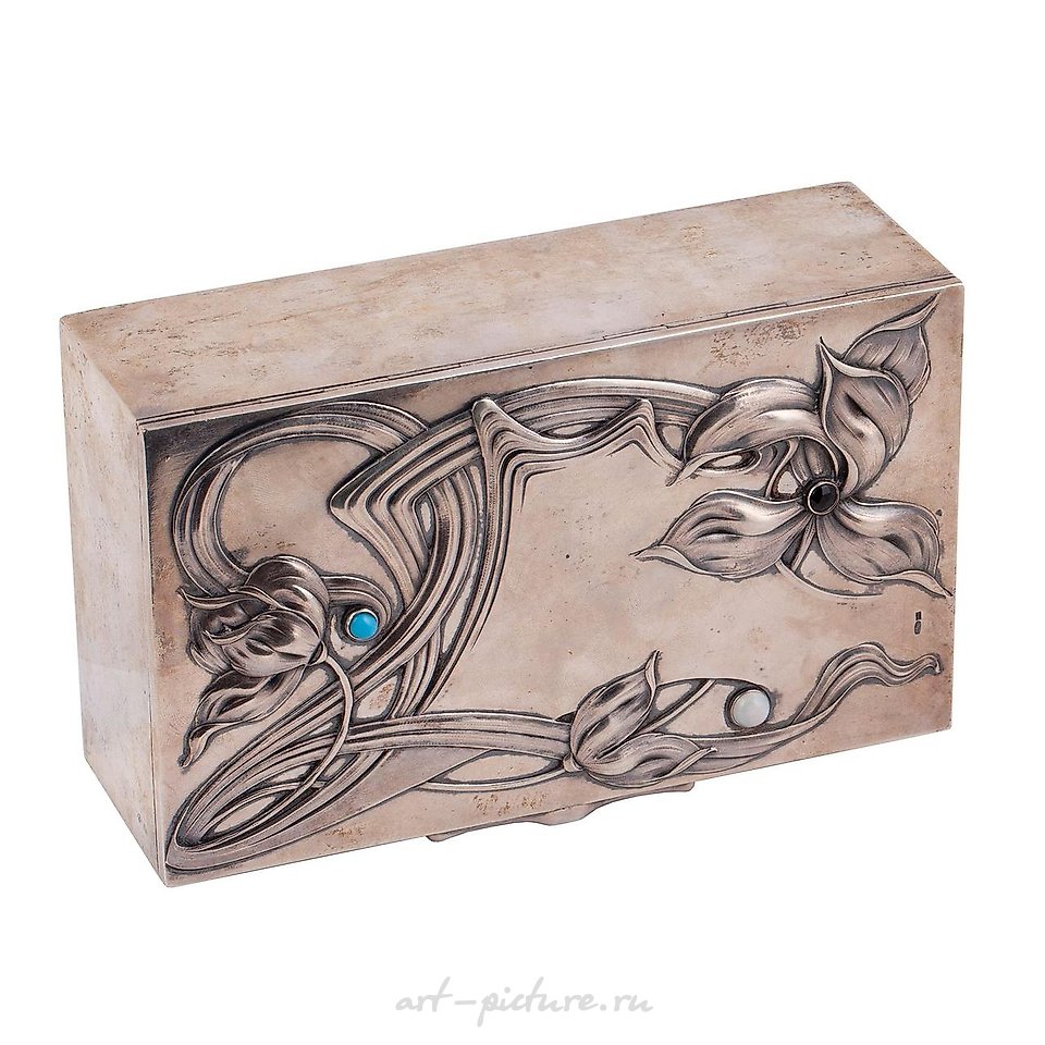 Russian silver , A Russian Art Nouveau style silver cigar box with cabochons,...