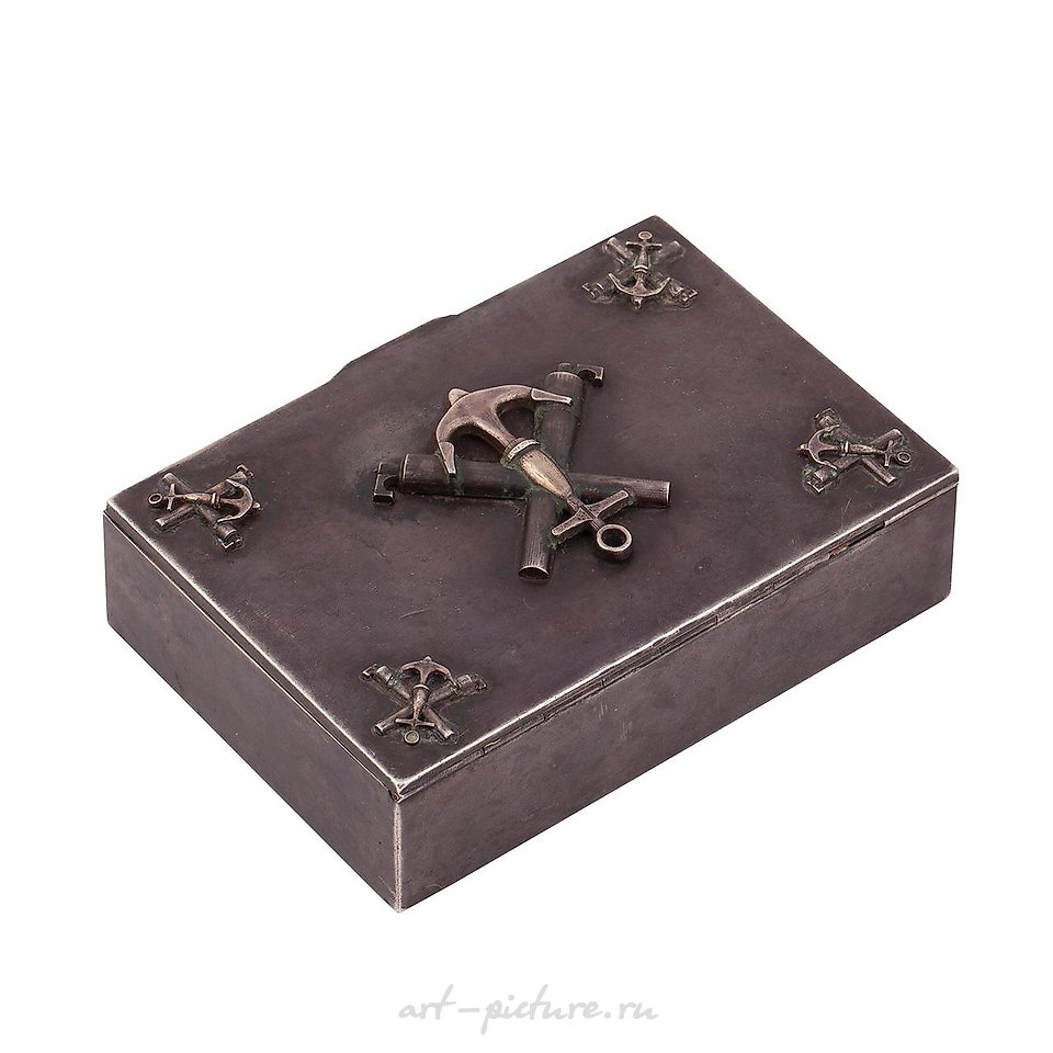 Russian silver , A Russian silver cigar box with cast Navy patch emblems, E.C...
