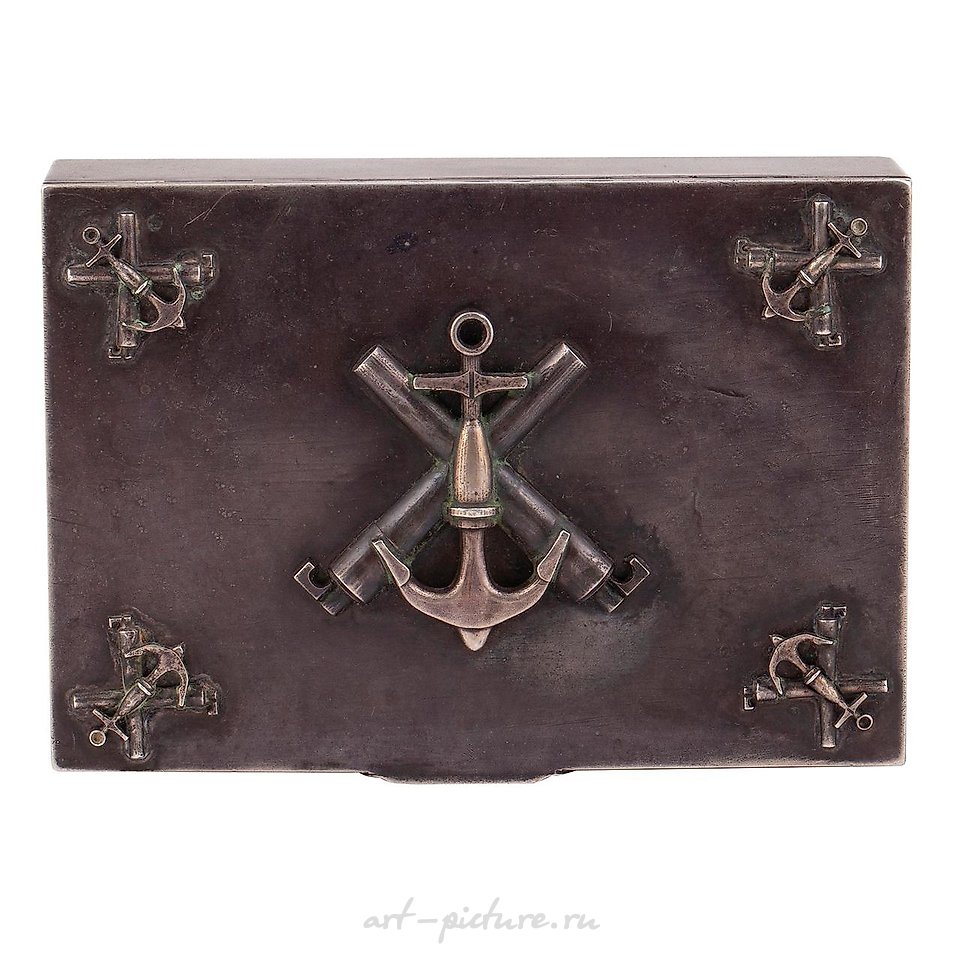 Russian silver , A Russian silver cigar box with cast Navy patch emblems, E.C...