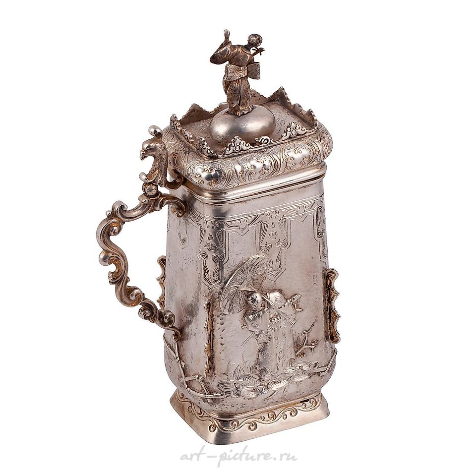 Russian silver , A massive Russian cast silver-gilt tankard in Japanese style...