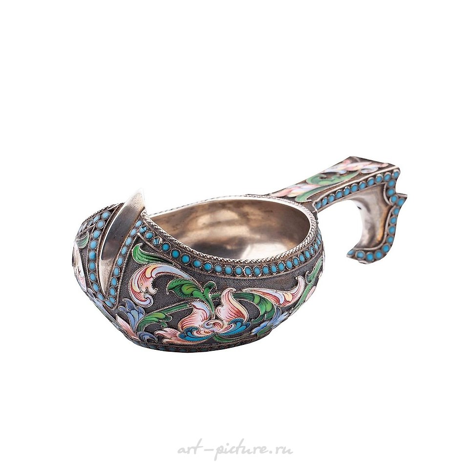 Russian silver , A Russian silver and cloisonné enamel kovsh by I. Saltikov.