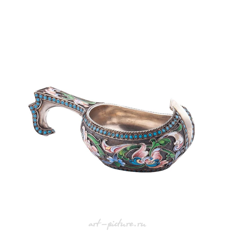 Russian silver , A Russian silver and cloisonné enamel kovsh by I. Saltikov.