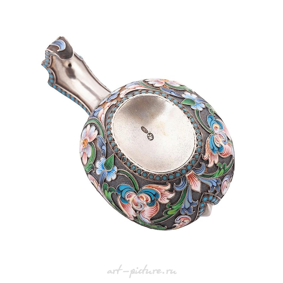 Russian silver , A Russian silver and cloisonné enamel kovsh by I. Saltikov.