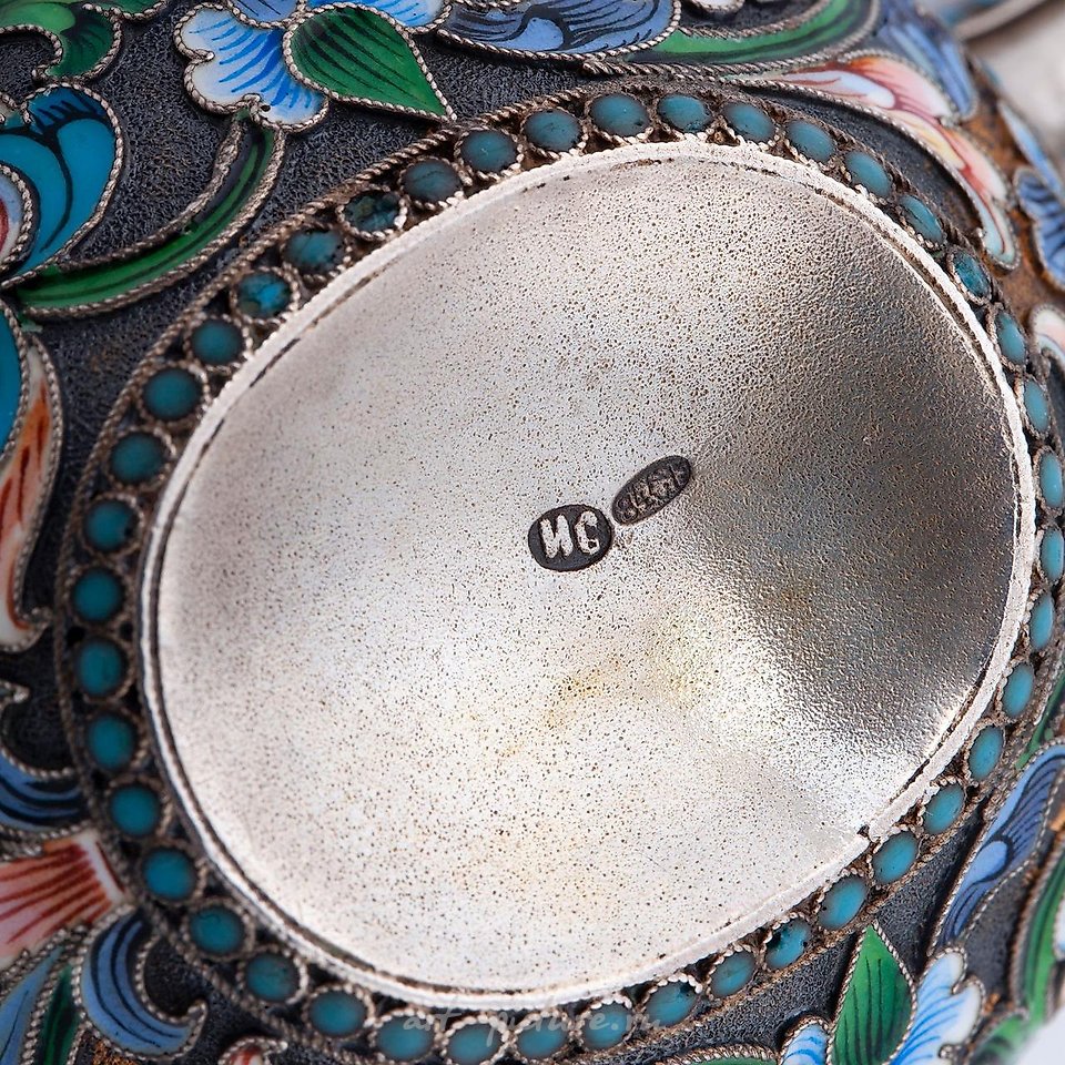 Russian silver , A Russian silver and cloisonné enamel kovsh by I. Saltikov.