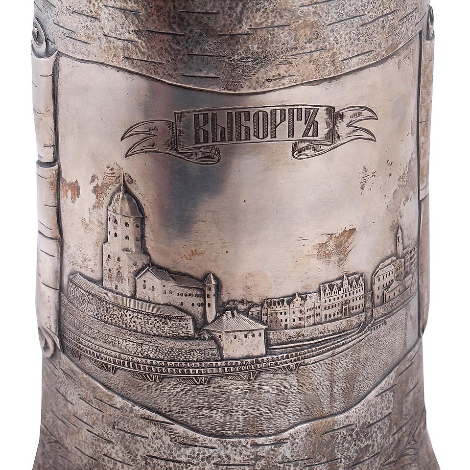 Russian silver , A Russian trompe l'oeil silver-gilt mug with Viborg city view...