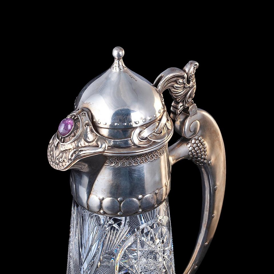 Russian silver , A Russian art nouveau style silver and cut crystal decanter ...