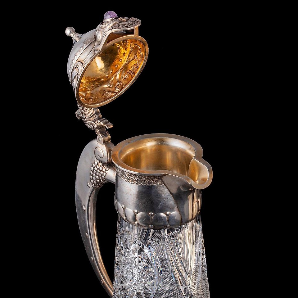 Russian silver , A Russian art nouveau style silver and cut crystal decanter ...