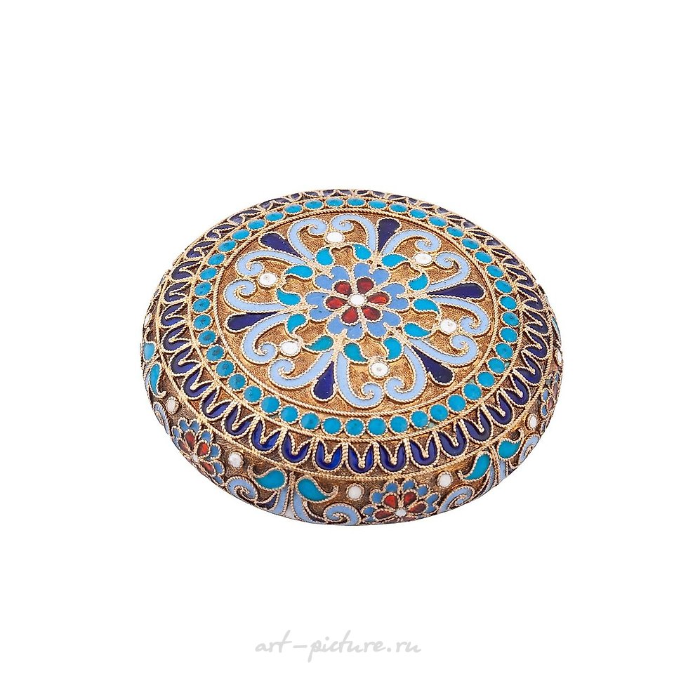 Russian silver , A Russian silver-gilt and cloisonné enamel pill box
