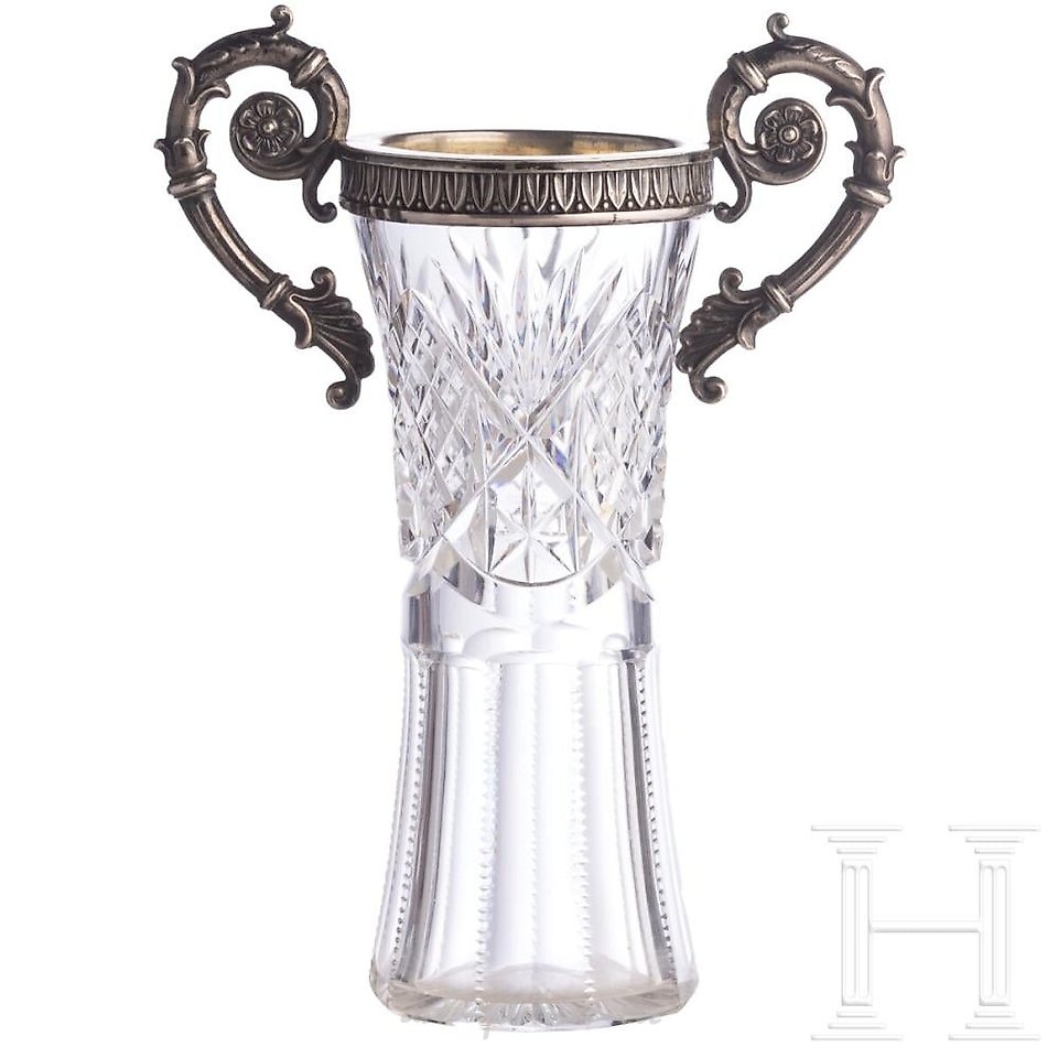 Russian silver , Three Russian glass flasks with silver mounting, Moscow, Peter...