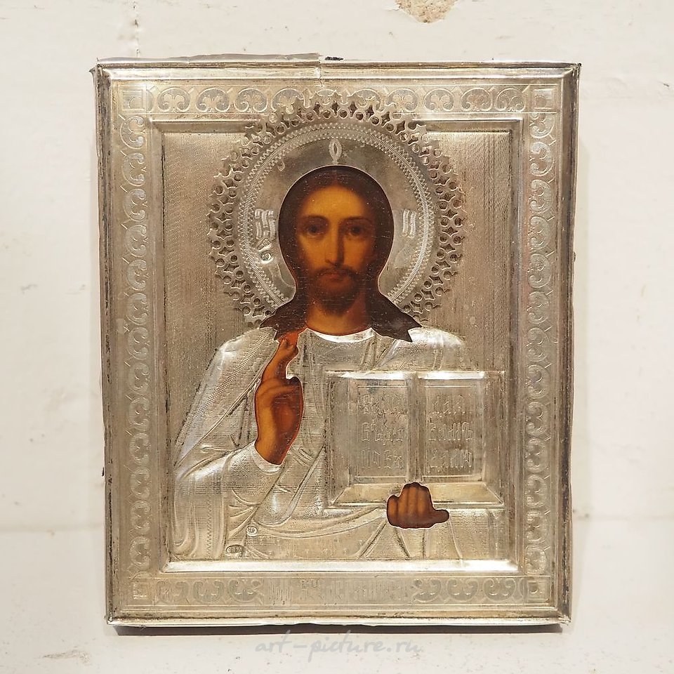 Russian silver , 19th century Russian icon, painted wood with silver...