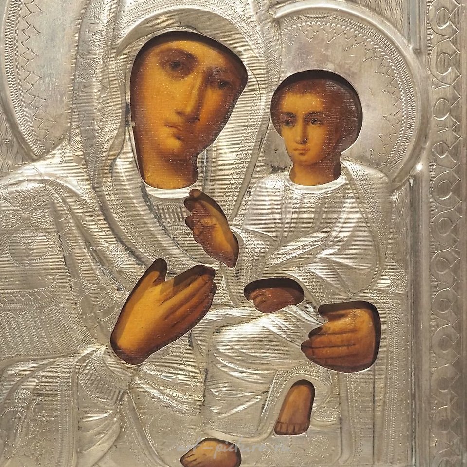 Russian silver , 19th century Russian icon: Painted wood with silver...