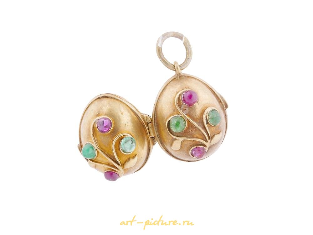 Русское серебро , Русская серебряная подвеска-медальон в форме яйца с позолотой и драгоценными камнями