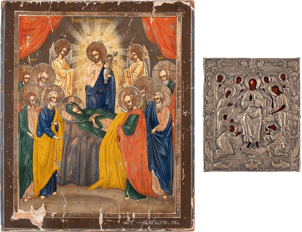 Russian silver , TWO ICONS: THE EXTENDED DEISIS WITH SILVER OKLAD AND THE DO