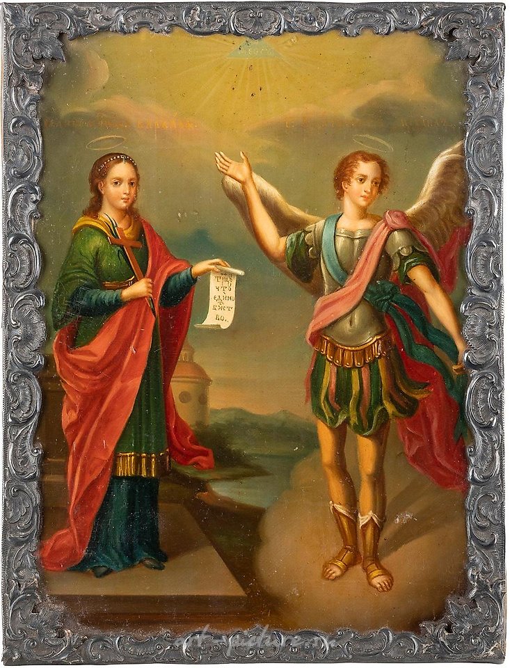 Русское серебро , Икона, изображающая святую Варвару и архангела Михаила