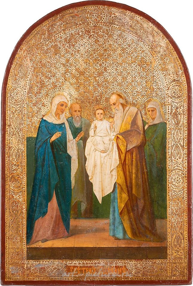 Russian silver , A LARGE ICON SHOWING THE PRESENTATION OF JESUS AT THE TEMPLE
