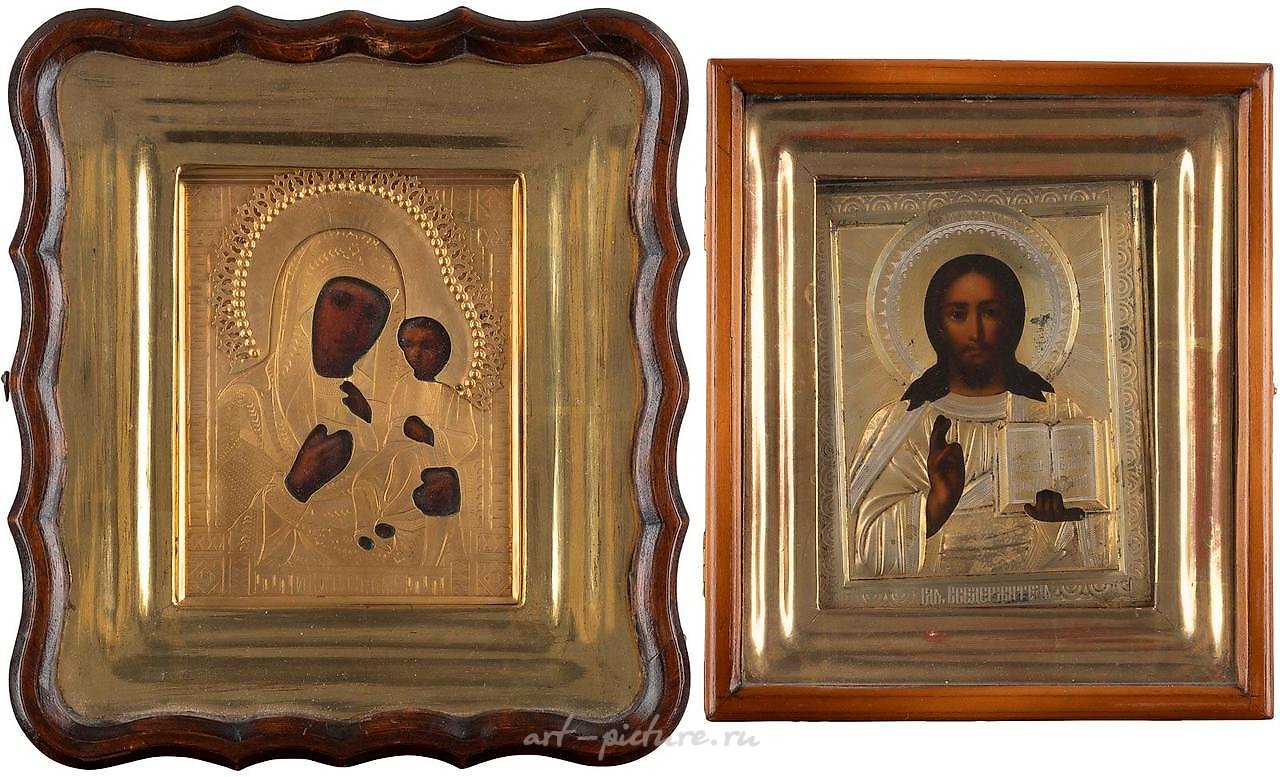 Русское серебро , ДВЕ ИКОНЫ С ОКЛАДОМ В КИОТЕ: ХРИСТОС ПАНТОКРАТОР И ИВЕРСКАЯ БОГОРОДИЦА