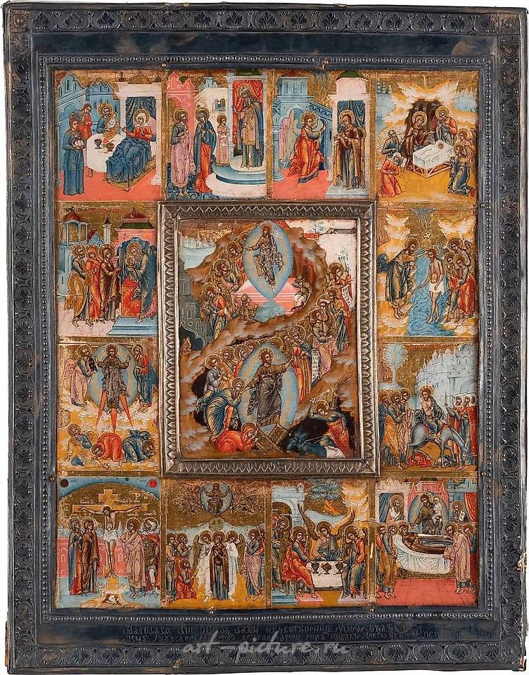 Russian silver , A VERY FINE ICON OF THE RESURRECTION AND FEAST DAYS WITH SI