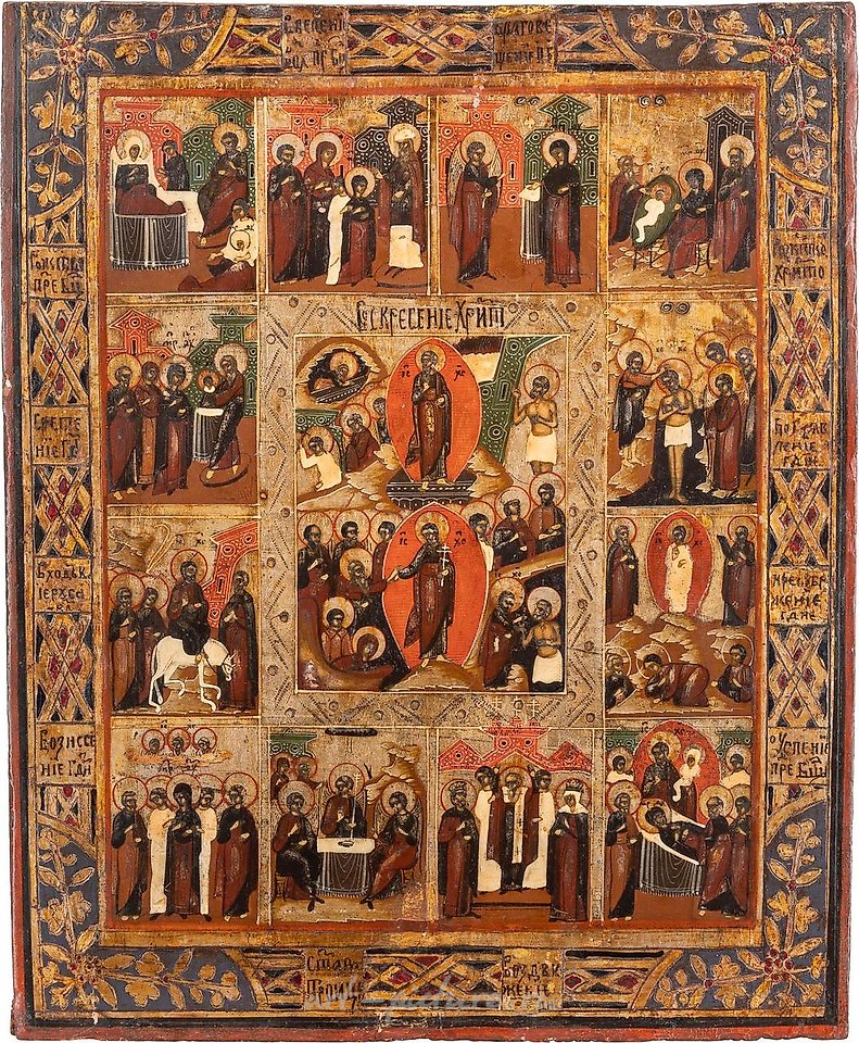 Russian silver , TWO FEAST DAY ICONS Russian, late 19th century Tempera on wood