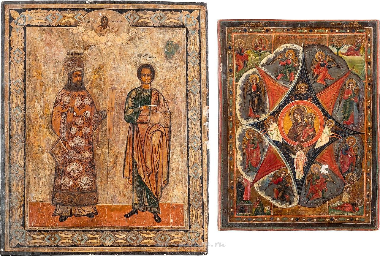 俄罗斯银 , 两个描绘上帝之母“不燃烧的荆棘”和两个俄罗斯圣人的图标。