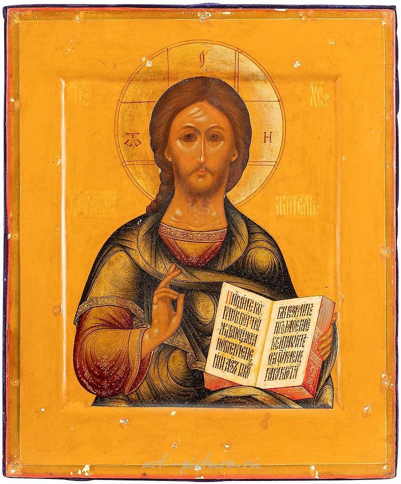 Russian silver , AN ICON SHOWING CHRIST PANTOKRATOR WITH A SILVER-GILT AND C