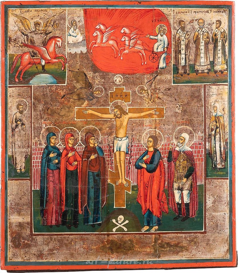 俄罗斯银 , 描绘耶稣受难和选定圣徒的图标