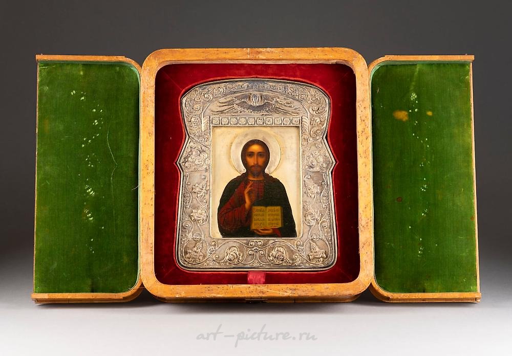 Русское серебро , ХРИСТОС ПАНТОКРАТОР С СЕРЕБРЯНО-ПОЗОЛОЧЕННЫМ ОКЛАДОМ